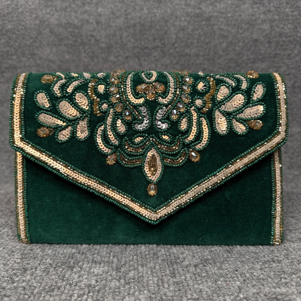 America & Beyond Clutch Green Cotton Embellished Envelope Evening Chain Strap
